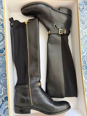 Black Knee-High Leather Riding Boots with Gold Hardware